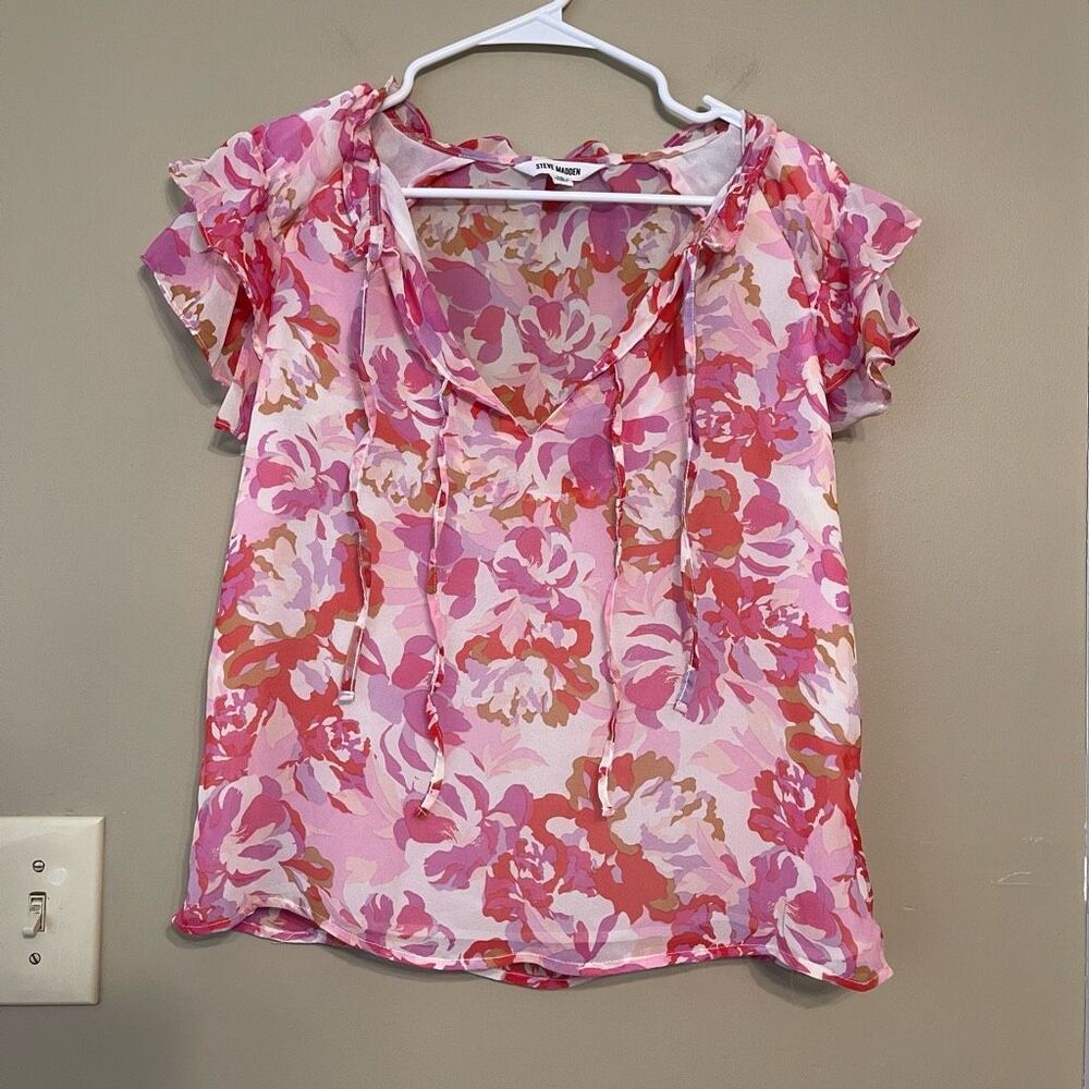 Steve Madden Womens Pink Orange White Floral Flutter Sleeve Blouse Shirt Medium